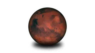 Mars gezegeni doğal renklerde, beyaz arka planda izole edilmiş. Uzaydaki kızıl gezegen Mars 'a seyahat ediyor. Gece / gündüz terminatörü Mars 'ın dönüşüyle görülebilir..