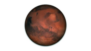 Mars gezegeni doğal renklerde, beyaz arka planda izole edilmiş. Uzaydaki kızıl gezegen Mars 'a seyahat ediyor. Gece / gündüz terminatörü Mars 'ın dönüşüyle görülebilir..