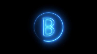 Mavi ışıkla parlayan neon ışıklı mektup. B alfabesi etrafında dairesel bir yolda parlayan neon çizgisi.