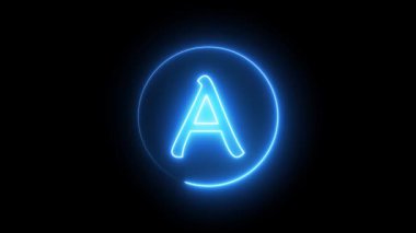 Mavi ışıkla parlayan neon ışıklı mektup. A alfabesi etrafında dairesel bir yolda parlayan neon çizgisi.