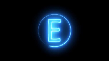 Mavi ışıkla parlayan neon ışıklı mektup. E alfabesindeki dairesel bir yolda parlayan neon çizgisi.