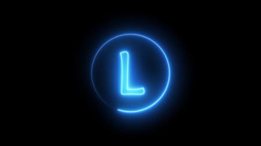 Mavi ışıkla parlayan neon ışıklı mektup. L alfabesi etrafında dairesel bir yolda parlayan neon çizgisi.