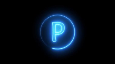 Mavi ışıkla parlayan neon ışıklı mektup. P alfabesi etrafında dairesel bir yolda parlayan neon çizgisi.