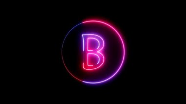 B alfabesi etrafında dairesel bir yolda parlayan neon çizgisi. Parlayan neon yazı tipi. Mavi, pembe ve kırmızı. Parlayan neon harf..