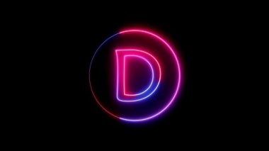 D alfabesi etrafında dairesel bir yolda parlayan neon çizgisi. Parlayan neon yazı tipi. Mavi, pembe ve kırmızı. Parlayan neon harf..