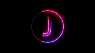 J alfabesi etrafında dairesel bir yolda parlayan neon çizgisi. Parlayan neon yazı tipi. Mavi, pembe ve kırmızı. Parlayan neon harf..