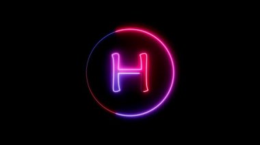 H alfabesi etrafında dairesel bir yolda parlayan neon çizgisi. Parlayan neon yazı tipi. Mavi, pembe ve kırmızı. Parlayan neon harf..