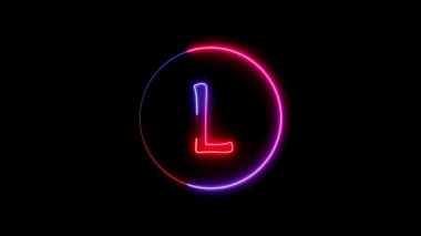 L alfabesi etrafında dairesel bir yolda parlayan neon çizgisi. Parlayan neon yazı tipi. Mavi, pembe ve kırmızı. Parlayan neon harf..