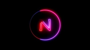 N alfabesi etrafında dairesel bir yolda parlayan neon çizgisi. Parlayan neon yazı tipi. Mavi, pembe ve kırmızı. Parlayan neon harf..