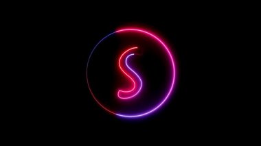 S alfabesi etrafında dairesel bir yolda parlayan neon çizgisi. Parlayan neon yazı tipi. Mavi, pembe ve kırmızı. Parlayan neon harf..