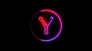 Y alfabesi etrafında dairesel bir yolda parlayan neon çizgisi. Parlayan neon yazı tipi. Mavi, pembe ve kırmızı. Parlayan neon harf..