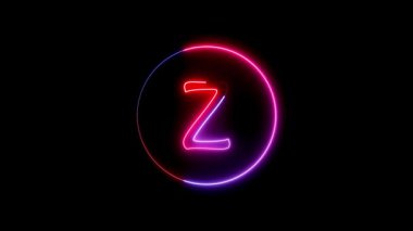 Z alfabesi etrafında dairesel bir yolda parlayan neon çizgisi. Parlayan neon yazı tipi. Mavi, pembe ve kırmızı. Parlayan neon harf..