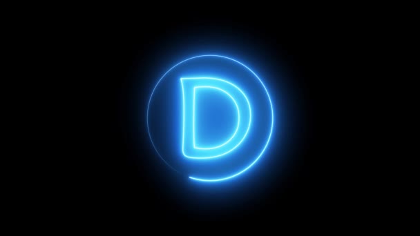 霓虹灯的签名信上闪烁着蓝光 在D字母表周围的圆形路径上发光的霓虹灯线 — 图库视频影像