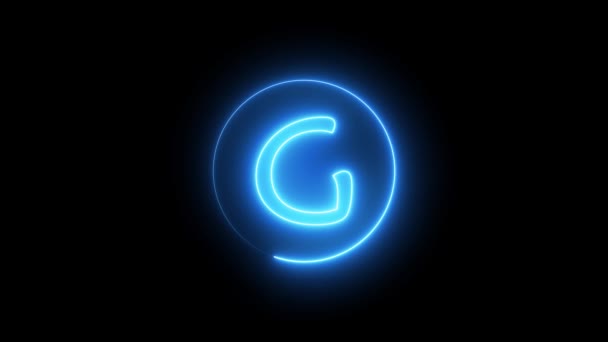 霓虹灯的签名信上闪烁着蓝光 在G字母表周围的圆形路径上发光的霓虹灯线 — 图库视频影像