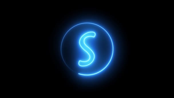 霓虹灯的签名信上闪烁着蓝光 在S字母表周围的圆形路径上发光的霓虹灯线 — 图库视频影像