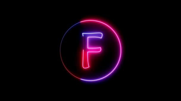 在F型字母周围的圆形路径上发光的霓虹灯线 发光的霓虹灯字体 粉色和红色发光霓虹灯字母 — 图库视频影像