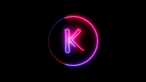 在K型字母周围的圆形路径上闪烁着霓虹灯线 粉色和红色发光霓虹灯字母 — 图库视频影像