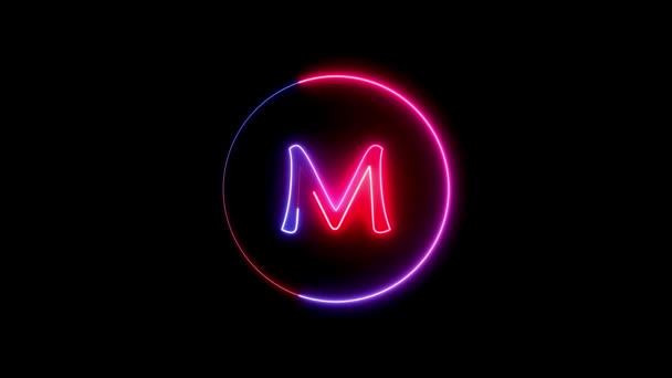 在M型字母周围的圆形路径上闪烁着霓虹灯线 粉色和红色发光霓虹灯字母 — 图库视频影像