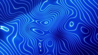 Mavi dalga dokusu arka planda hareket ediyor ve mavi ışık parlıyor. Kusursuz, parlak, soyut bir arkaplan. Parlayan dalgalı nesneler bir araya toplandı.