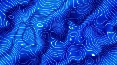 Mavi dalga dokusu arka planda hareket ediyor ve mavi ışık parlıyor. Kusursuz, parlak, soyut bir arkaplan. Parlayan dalgalı nesneler bir araya toplandı.