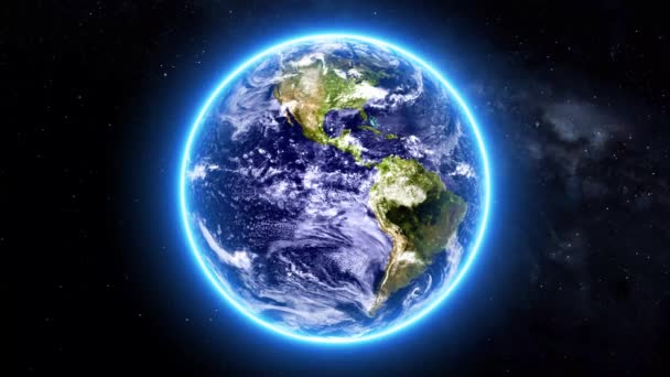 Animatie Achtergrond Planeet Aarde Draait Schijnt Licht Gloeit Kleine Sterren — Stockvideo