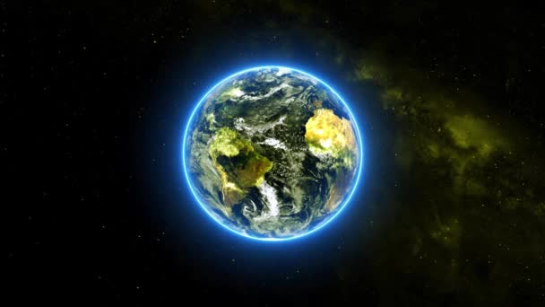 アニメーションバックグラウンド惑星地球は回転する 輝く光と宇宙から現実的なスタイルに地球を回転させる小さな星 — ストック動画