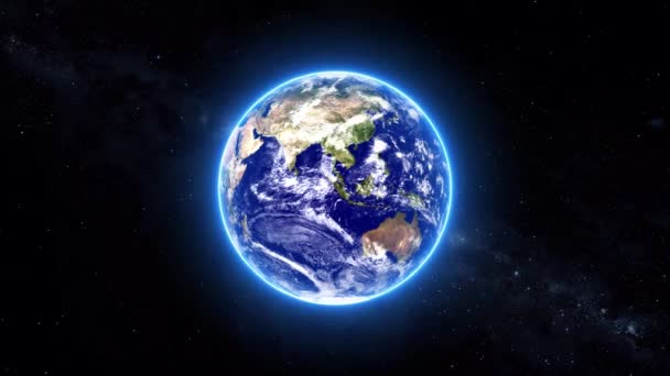アニメーションバックグラウンド惑星地球は回転する 輝く光と宇宙から現実的なスタイルに地球を回転させる小さな星 — ストック動画