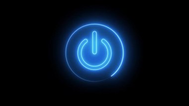 Koyu arkaplanda Mavi Kapalı Neon düğmesi. Parlak Işıklı Parlak Güç Simgesi, Koyu arkaplan 4k video üzerinde Neon Güç Düğmesi Canlandırması.