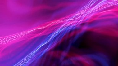 Soyut parçacık teknikleri dalgası. Çizgi dalgalı soyut arkaplan. Bir ışık grubunun sıralı hareketi. Noktaların parlak neon arkaplanı, dairesel ışıklar dizilmiş ve renk ve ışık parametrelerini değiştiriyor..