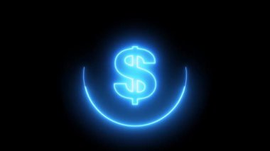 Siyah arka planda mavi renkli neon renkli dolar sembolü. 4k çemberinde parlayan mavi renkli neon dolar metin animasyonu