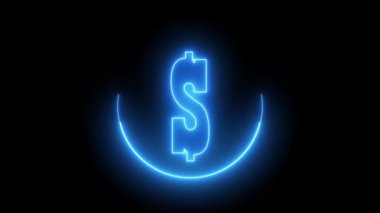 Siyah arka planda mavi renkli neon renkli dolar sembolü. 4k çemberinde parlayan mavi renkli neon dolar metin animasyonu
