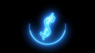Siyah arka planda mavi renkli neon renkli dolar sembolü. 4k çemberinde parlayan mavi renkli neon dolar metin animasyonu