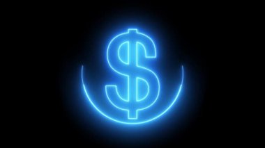 Siyah arka planda mavi renkli neon renkli dolar sembolü. 4k çemberinde parlayan mavi renkli neon dolar metin animasyonu