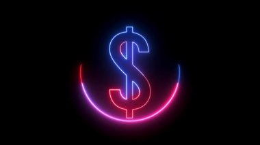 Siyah arkaplanda dolar işaretli bir daire çizgisi. Pembe ve mavi renkli neon çizgili dolar sembolü. Siyah arka plan. Soyut hareket arkaplan 4k