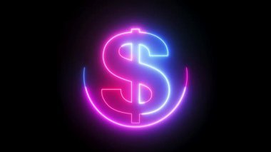 Siyah arkaplanda dolar işaretli bir daire çizgisi. Pembe ve mavi renkli neon çizgili dolar sembolü. Siyah arka plan. Soyut hareket arkaplan 4k