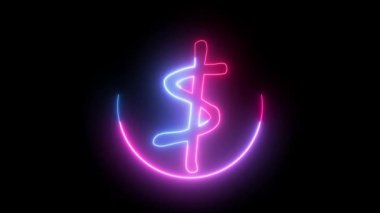 Siyah arkaplanda dolar işaretli bir daire çizgisi. Pembe ve mavi renkli neon çizgili dolar sembolü. Siyah arka plan. Soyut hareket arkaplan 4k
