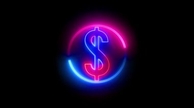 Siyah arkaplanda dolar işaretli bir daire çizgisi. Pembe ve mavi renkli neon çizgili dolar sembolü. Siyah arka plan. Soyut hareket arkaplan 4k