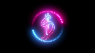 Siyah arkaplanda dolar işaretli bir daire çizgisi. Pembe ve mavi renkli neon çizgili dolar sembolü. Siyah arka plan. Soyut hareket arkaplan 4k
