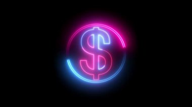 Siyah arkaplanda dolar işaretli bir daire çizgisi. Pembe ve mavi renkli neon çizgili dolar sembolü. Siyah arka plan. Soyut hareket arkaplan 4k