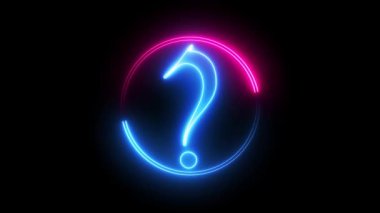 Siyah arkaplanda izole edilmiş soru işareti olan mavi ve pembe renkli neon çizgi çemberi