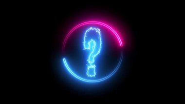 Siyah arkaplanda izole edilmiş soru işareti olan mavi ve pembe renkli neon çizgi çemberi