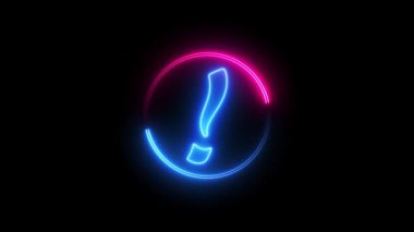 Mavi ve pembe renkli, parlak neon çizgili daire. Ünlem işareti siyah arka planda izole edilmiş.