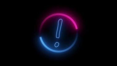 Mavi ve pembe renkli, parlak neon çizgili daire. Ünlem işareti siyah arka planda izole edilmiş.