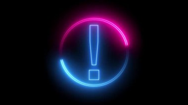 Mavi ve pembe renkli, parlak neon çizgili daire. Ünlem işareti siyah arka planda izole edilmiş.