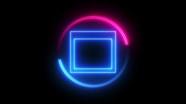 Glowing neon line frame with pink and blue colors circle on black background. abstract motion background.