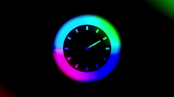 カウントダウンするアニメーションクロック シームレスにループ 速度速度時計 タイムエラー時計イラスト付きのタイムラウンドグローイングネオンライン 時計の手が最初に回転する 時計のハンドスピード回転 クロックアニメーション — ストック動画