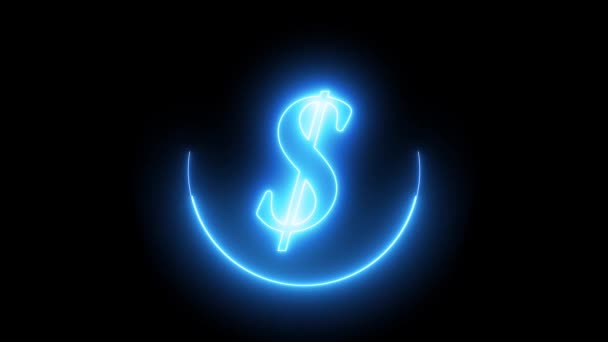 蓝色霓虹灯线美元符号在黑色背景上 蓝色发光霓虹灯元文字动画在圆形 — 图库视频影像