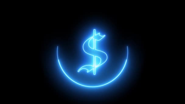 Siyah Arka Planda Mavi Renkli Neon Renkli Dolar Sembolü Çemberinde — Stok video