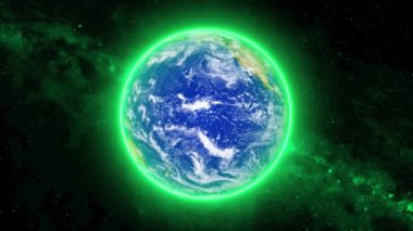 Dünya gezegeni atmosferle parlıyor. Doğal gerçekçi gezegen Dünya animasyonu 4K. Uzaydan görünen 3D Gerçekçi Dünya.