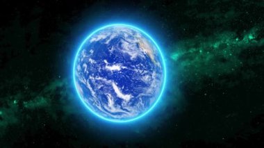 Dünya gezegeni atmosferle parlıyor. Doğal gerçekçi gezegen Dünya animasyonu 4K. Uzaydan görünen 3D Gerçekçi Dünya.